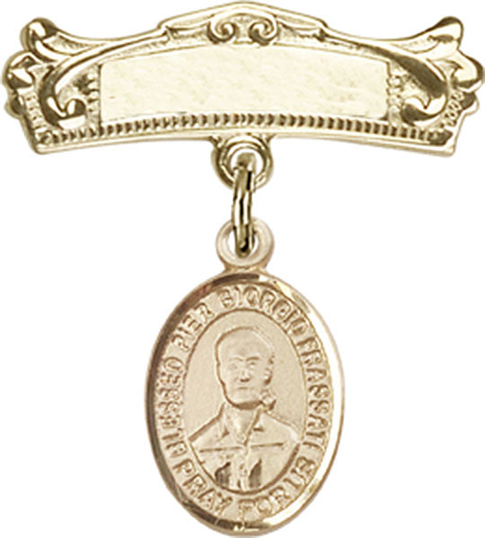 14kt Gold Filled Baby Badge with Blessed Pier Giorgio Frassati Charm and Arched Polished Badge Pin