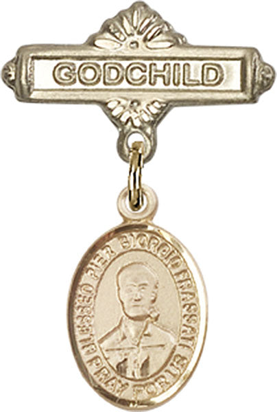 14kt Gold Filled Baby Badge with Blessed Pier Giorgio Frassati Charm and Godchild Badge Pin