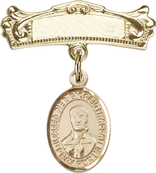 14kt Gold Baby Badge with Blessed Pier Giorgio Frassati Charm and Arched Polished Badge Pin