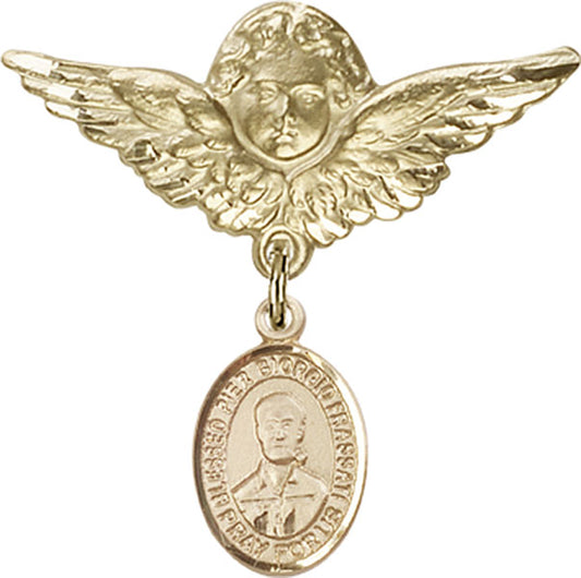 14kt Gold Baby Badge with Blessed Pier Giorgio Frassati Charm and Angel w/Wings Badge Pin