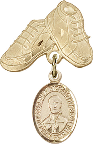 14kt Gold Baby Badge with Blessed Pier Giorgio Frassati Charm and Baby Boots Pin
