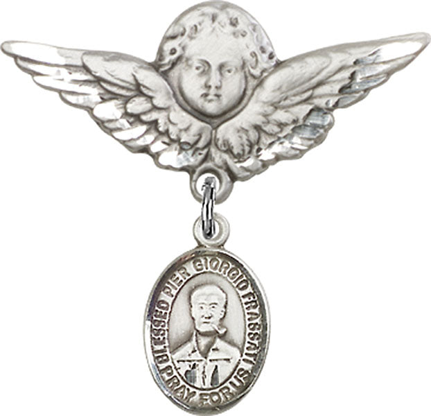 Sterling Silver Baby Badge with Blessed Pier Giorgio Frassati Charm and Angel w/Wings Badge Pin
