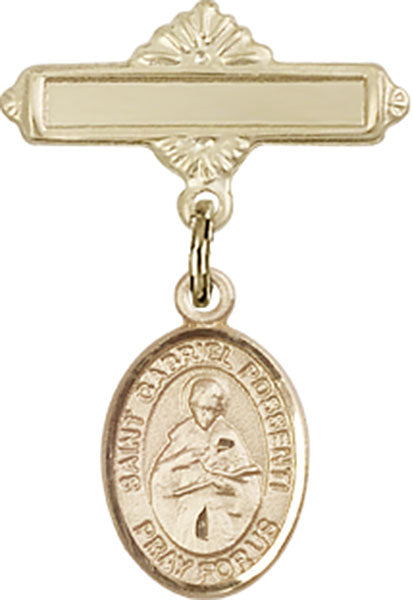 14kt Gold Filled Baby Badge with St. Gabriel Possenti Charm and Polished Badge Pin