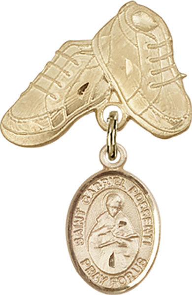 14kt Gold Filled Baby Badge with St. Gabriel Possenti Charm and Baby Boots Pin