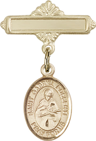 14kt Gold Baby Badge with St. Gabriel Possenti Charm and Polished Badge Pin