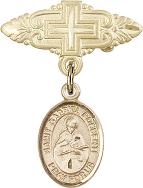14kt Gold Baby Badge with St. Gabriel Possenti Charm and Badge Pin with Cross