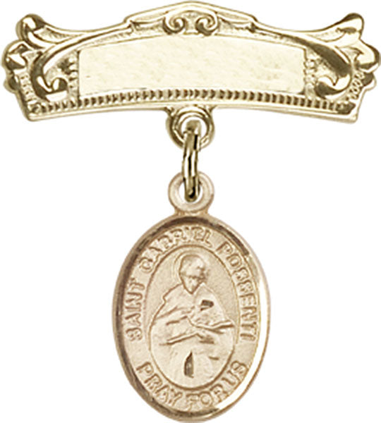14kt Gold Baby Badge with St. Gabriel Possenti Charm and Arched Polished Badge Pin