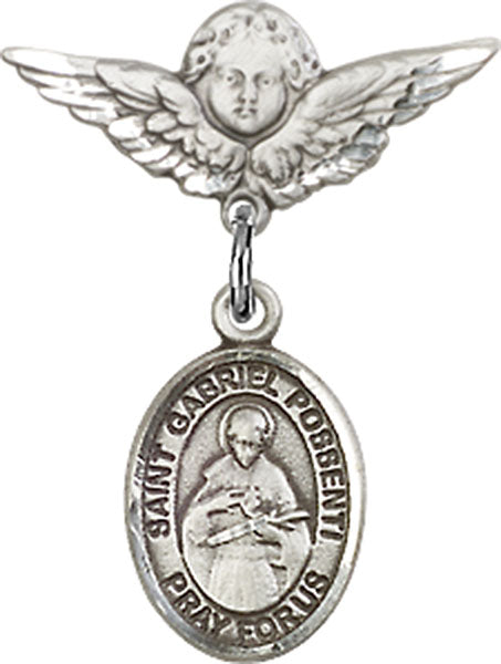Sterling Silver Baby Badge with St. Gabriel Possenti Charm and Angel w/Wings Badge Pin