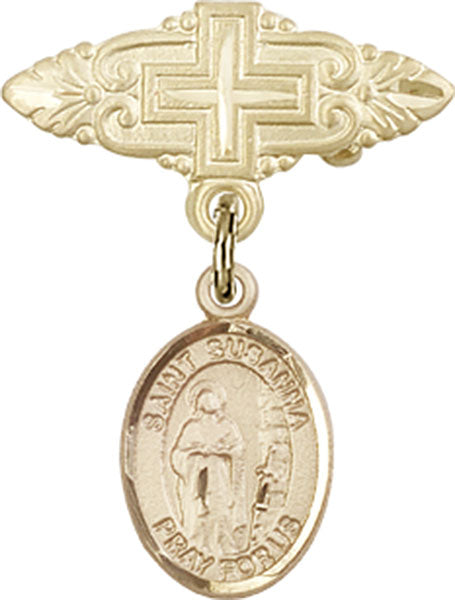 14kt Gold Baby Badge with St. Susanna Charm and Badge Pin with Cross