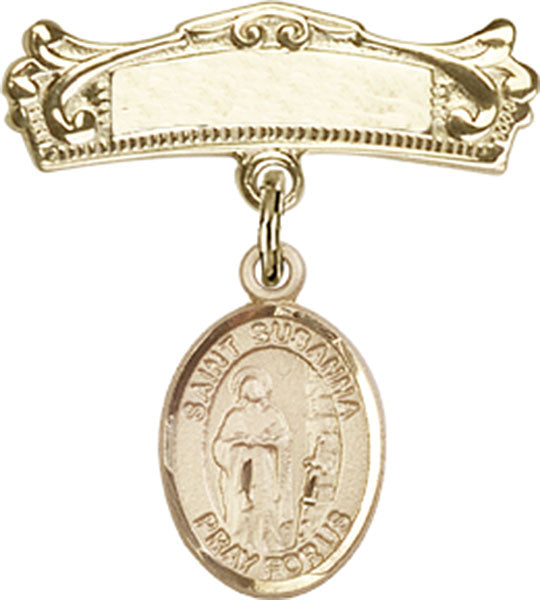 14kt Gold Baby Badge with St. Susanna Charm and Arched Polished Badge Pin