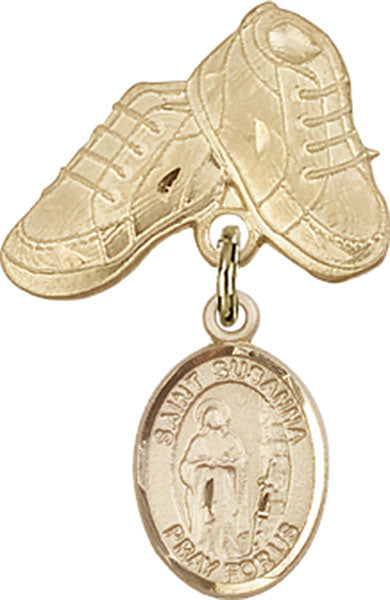 14kt Gold Baby Badge with St. Susanna Charm and Baby Boots Pin