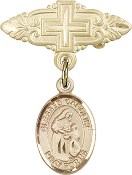 14kt Gold Filled Baby Badge with Blessed Caroline Gerhardinger Charm and Badge Pin with Cross