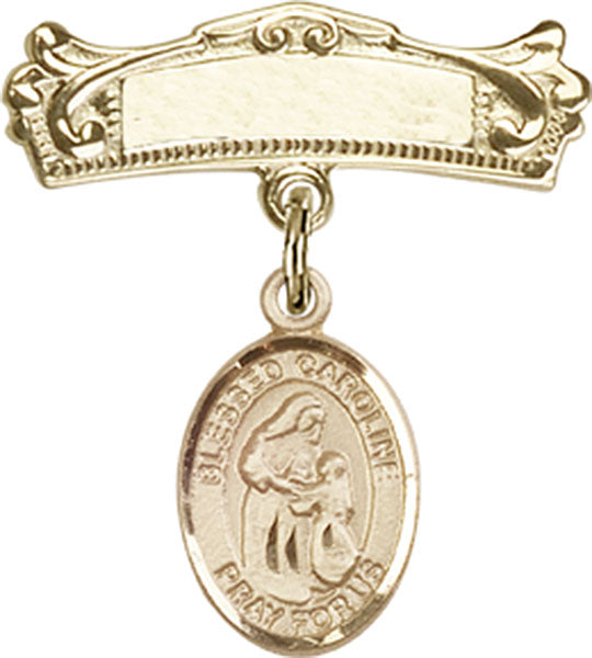 14kt Gold Filled Baby Badge with Blessed Caroline Gerhardinger Charm and Arched Polished Badge Pin