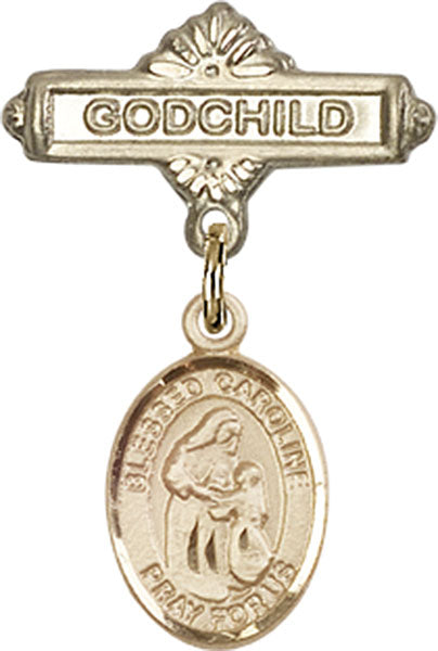14kt Gold Filled Baby Badge with Blessed Caroline Gerhardinger Charm and Godchild Badge Pin