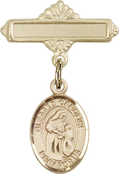 14kt Gold Baby Badge with Blessed Caroline Gerhardinger Charm and Polished Badge Pin
