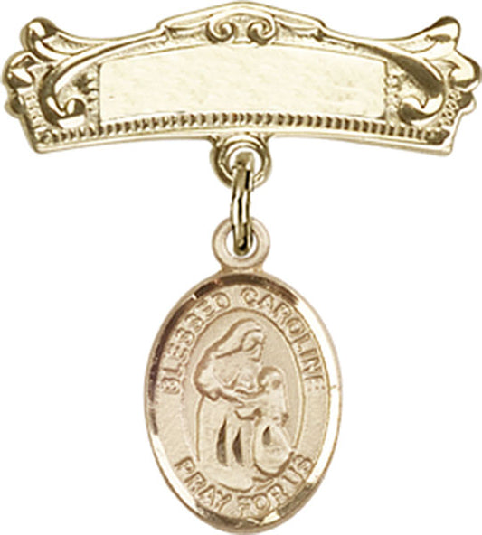 14kt Gold Baby Badge with Blessed Caroline Gerhardinger Charm and Arched Polished Badge Pin