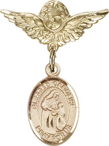 14kt Gold Baby Badge with Blessed Caroline Gerhardinger Charm and Angel w/Wings Badge Pin