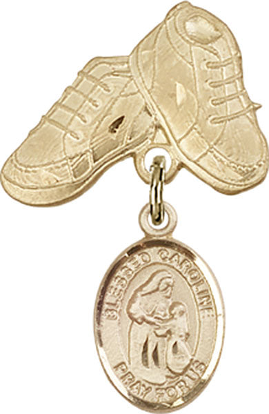 14kt Gold Baby Badge with Blessed Caroline Gerhardinger Charm and Baby Boots Pin