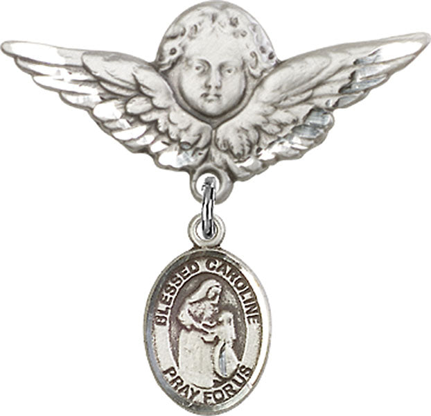 Sterling Silver Baby Badge with Blessed Caroline Gerhardinger Charm and Angel w/Wings Badge Pin