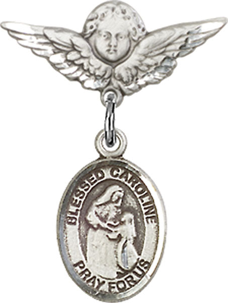 Sterling Silver Baby Badge with Blessed Caroline Gerhardinger Charm and Angel w/Wings Badge Pin