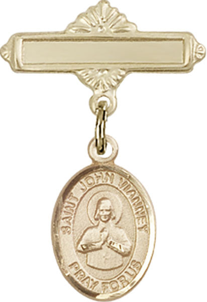 14kt Gold Filled Baby Badge with St. John Vianney Charm and Polished Badge Pin