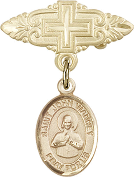 14kt Gold Filled Baby Badge with St. John Vianney Charm and Badge Pin with Cross