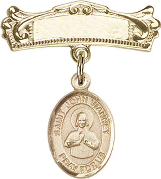 14kt Gold Filled Baby Badge with St. John Vianney Charm and Arched Polished Badge Pin