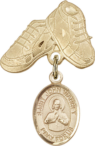 14kt Gold Filled Baby Badge with St. John Vianney Charm and Baby Boots Pin