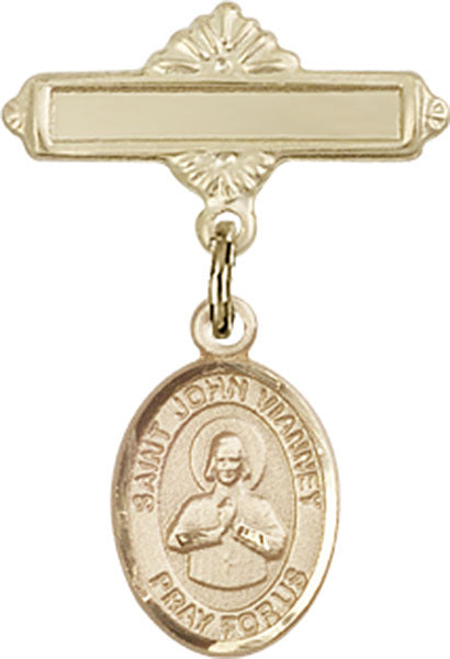 14kt Gold Baby Badge with St. John Vianney Charm and Polished Badge Pin
