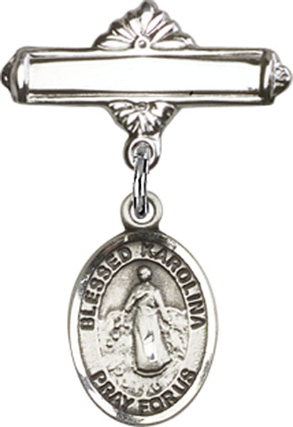 Sterling Silver Baby Badge with Blessed Karolina Kozkowna Charm and Polished Badge Pin