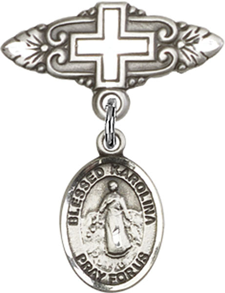 Sterling Silver Baby Badge with Blessed Karolina Kozkowna Charm and Badge Pin with Cross