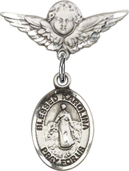 Sterling Silver Baby Badge with Blessed Karolina Kozkowna Charm and Angel w/Wings Badge Pin