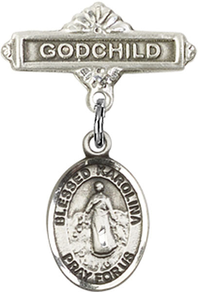 Sterling Silver Baby Badge with Blessed Karolina Kozkowna Charm and Godchild Badge Pin