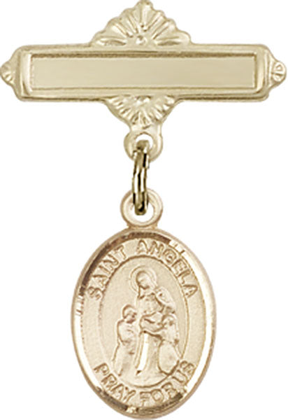 14kt Gold Filled Baby Badge with St. Angela Merici Charm and Polished Badge Pin