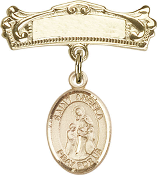 14kt Gold Filled Baby Badge with St. Angela Merici Charm and Arched Polished Badge Pin