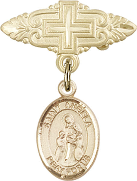 14kt Gold Baby Badge with St. Angela Merici Charm and Badge Pin with Cross