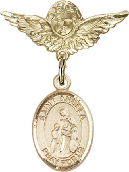 14kt Gold Baby Badge with St. Angela Merici Charm and Angel w/Wings Badge Pin
