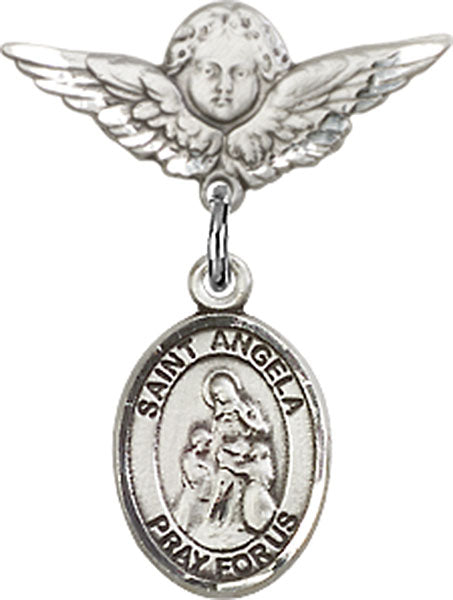 Sterling Silver Baby Badge with St. Angela Merici Charm and Angel w/Wings Badge Pin