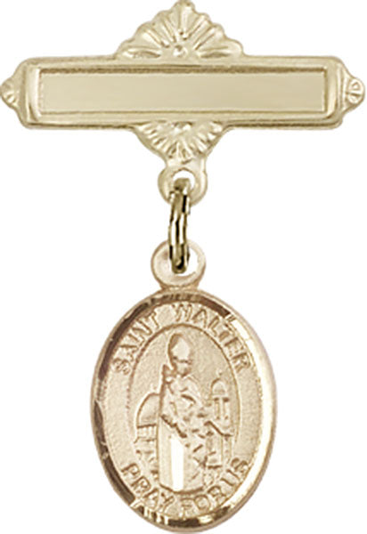 14kt Gold Filled Baby Badge with St. Walter of Pontnoise Charm and Polished Badge Pin
