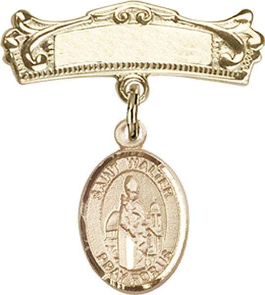 14kt Gold Filled Baby Badge with St. Walter of Pontnoise Charm and Arched Polished Badge Pin