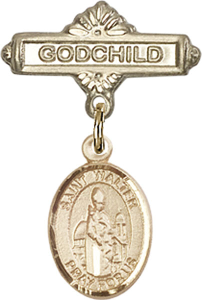 14kt Gold Filled Baby Badge with St. Walter of Pontnoise Charm and Godchild Badge Pin