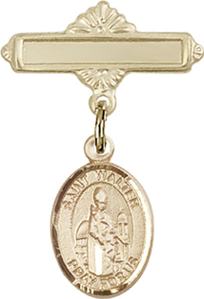 14kt Gold Baby Badge with St. Walter of Pontnoise Charm and Polished Badge Pin