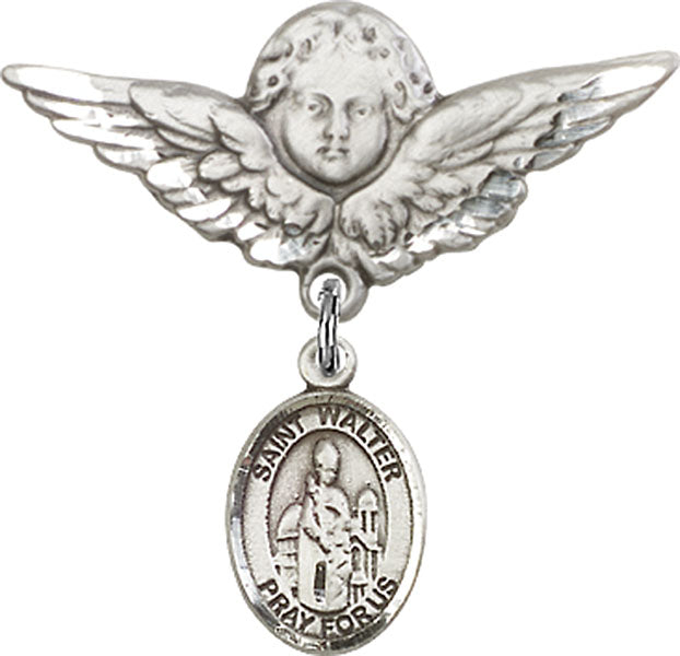 Sterling Silver Baby Badge with St. Walter of Pontnoise Charm and Angel w/Wings Badge Pin