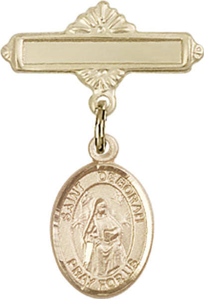 14kt Gold Baby Badge with St. Deborah Charm and Polished Badge Pin