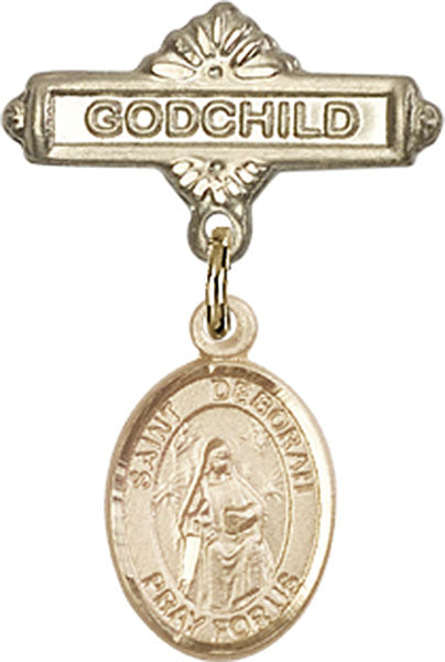 14kt Gold Baby Badge with St. Deborah Charm and Godchild Badge Pin