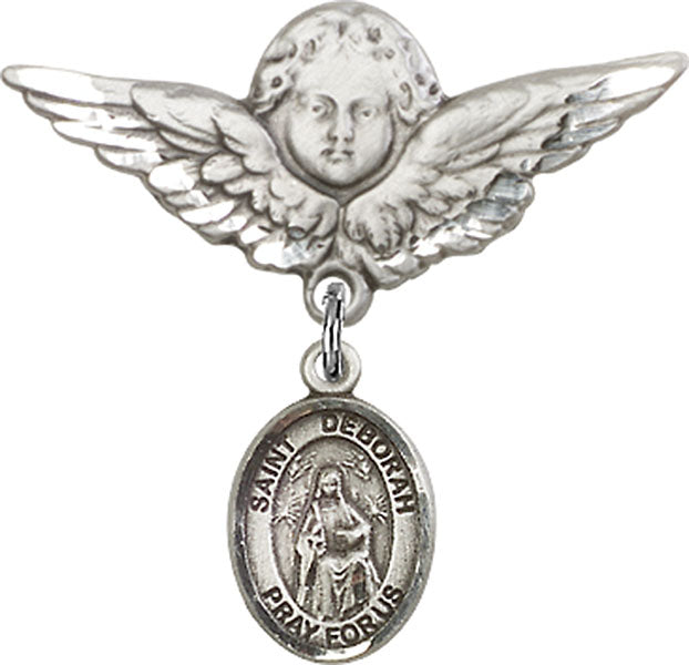 Sterling Silver Baby Badge with St. Deborah Charm and Angel w/Wings Badge Pin