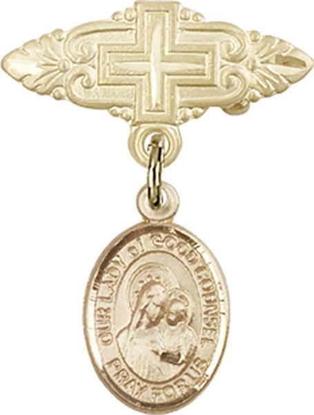 14kt Gold Filled Baby Badge with O/L of Good Counsel Charm and Badge Pin with Cross