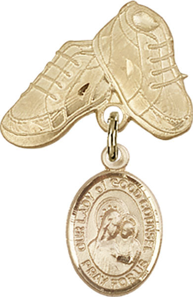 14kt Gold Filled Baby Badge with O/L of Good Counsel Charm and Baby Boots Pin