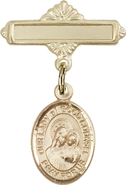 14kt Gold Baby Badge with O/L of Good Counsel Charm and Polished Badge Pin