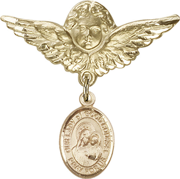14kt Gold Baby Badge with O/L of Good Counsel Charm and Angel w/Wings Badge Pin
